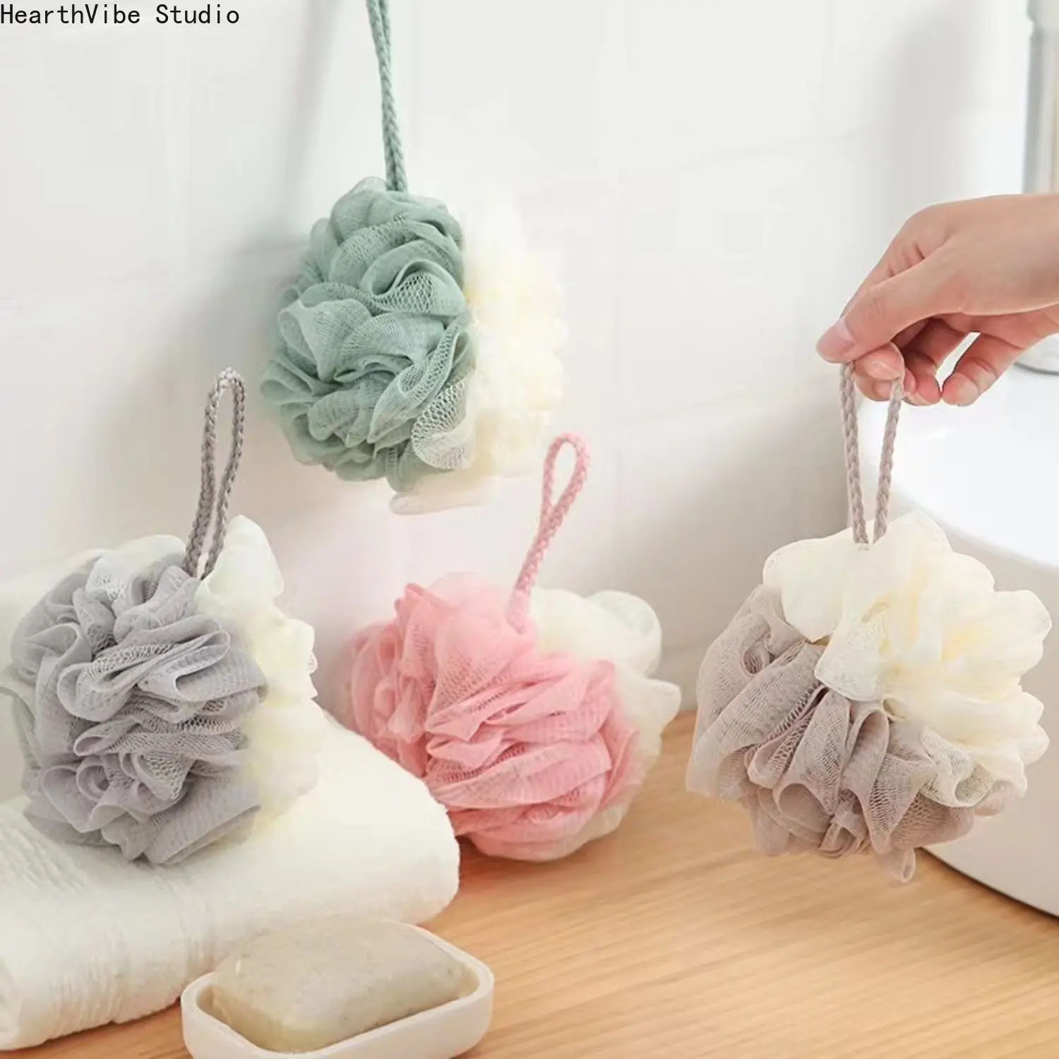 4-Pack Dual Color Bath Scrubber, Large Size Pouf Shape in Soft Mesh for Exfoliating Body Wash in the Shower
