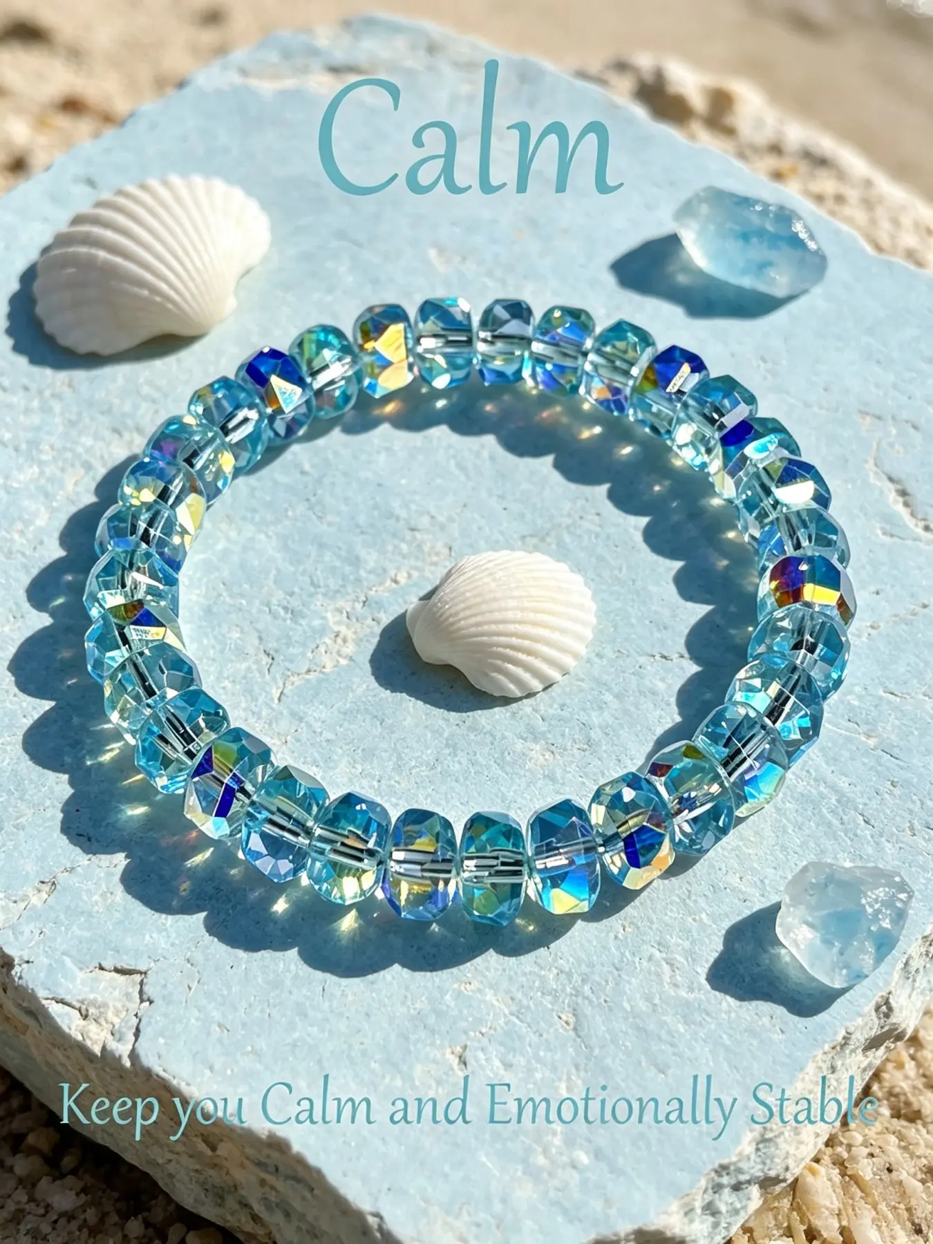 Calm Faceted Iridescent Aqua Blue Crystal Rondelle Stretch Bracelet, Coastal-Inspired Calming Crystal Jewelry, Relaxing Gift to Ease Daily Stress, Sustain Steady Emotional Balance & Nurture Gentle Inner Peace
