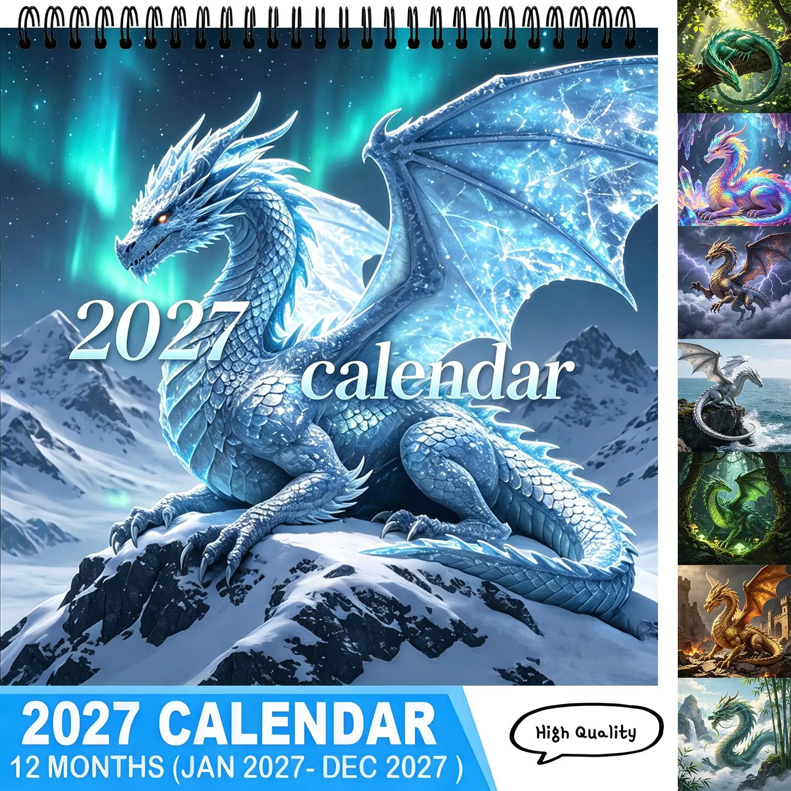 2027 Fantasy Dragon Wall Calendar, 12 Months Jan-Dec 2027, Aurora Ice Dragon Art Print, Hanging Spiral Calendar for Home Office Decor, Unique Mythical Dragon Lover Gift
