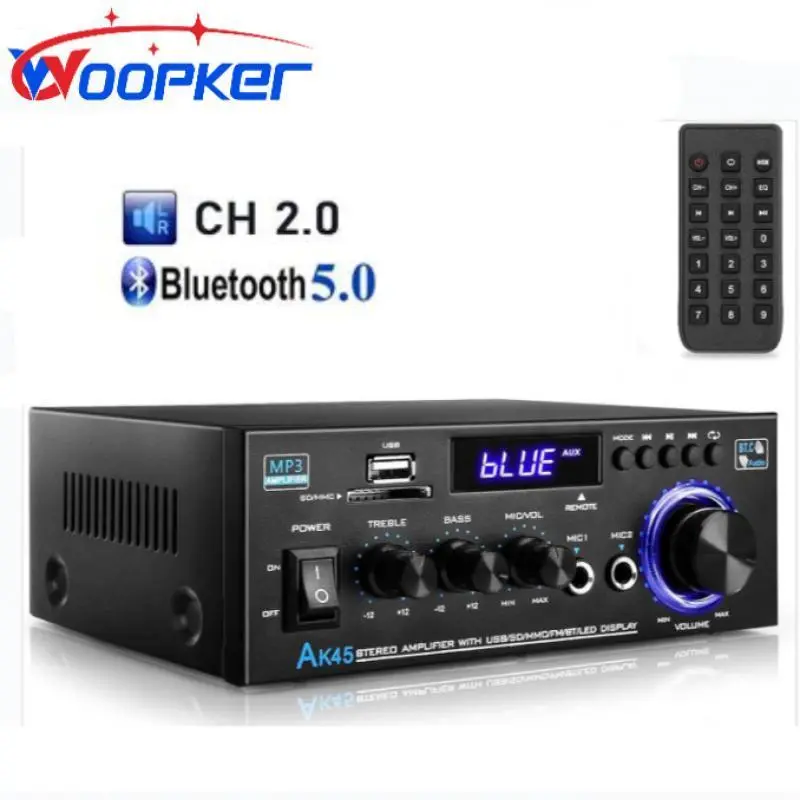 Woopker AK45 Stereo Receiver Amplifier, Home Audio 300W Power 2.0 Channel Power Amplifier, Bluetooth, RCA, SD Card, FM Radio, USB, MIC Input, for Home Stereo System, Karaoke, Speakers