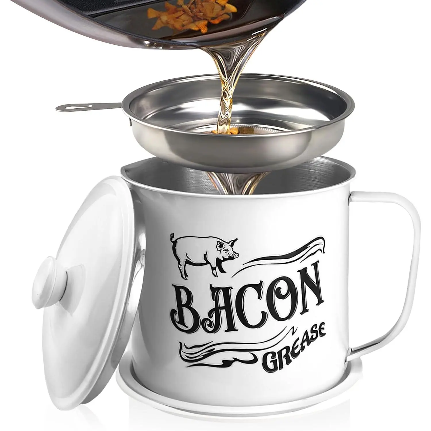 1.3L Bacon  Saver Container with Fine Mesh Strainer,Stainless Steel Oil Keeper Can for Bacon,46oz Large Rustic   Container, Keeper, Recipes, Dishwasher Safe (White)