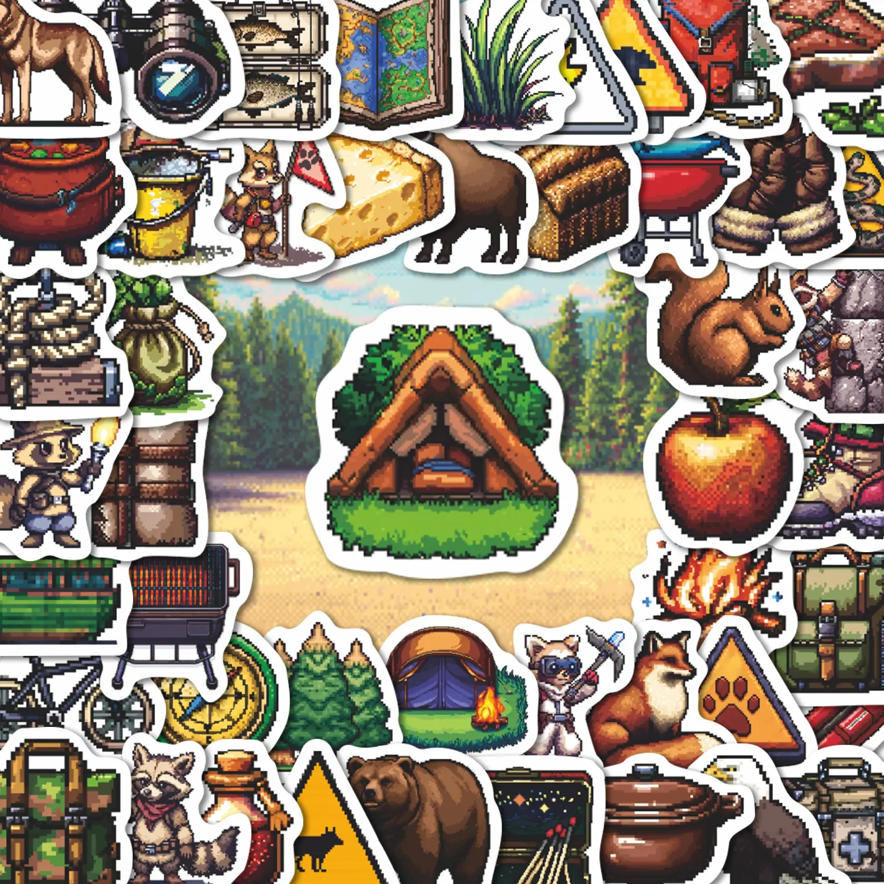 100 Pcs Pixel Wilderness Adventure Vinyl Stickers Pack | Retro Game Camping Animal Outdoor Supply Pixel Art Decals | For Phone, Water Bottle, Tablet Decor & Suitcase Decor | For Aesthetic & Hobby Collectors