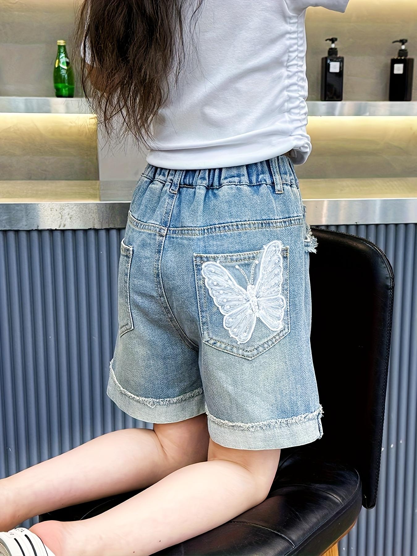 Girls' Butterfly Denim Shorts - 75% Cotton Blend Loose Fit Summer Shorts with Elastic Waistband, Machine Washable Casual Shorts for Teens 12+ Years, Birthday & Eid Gift