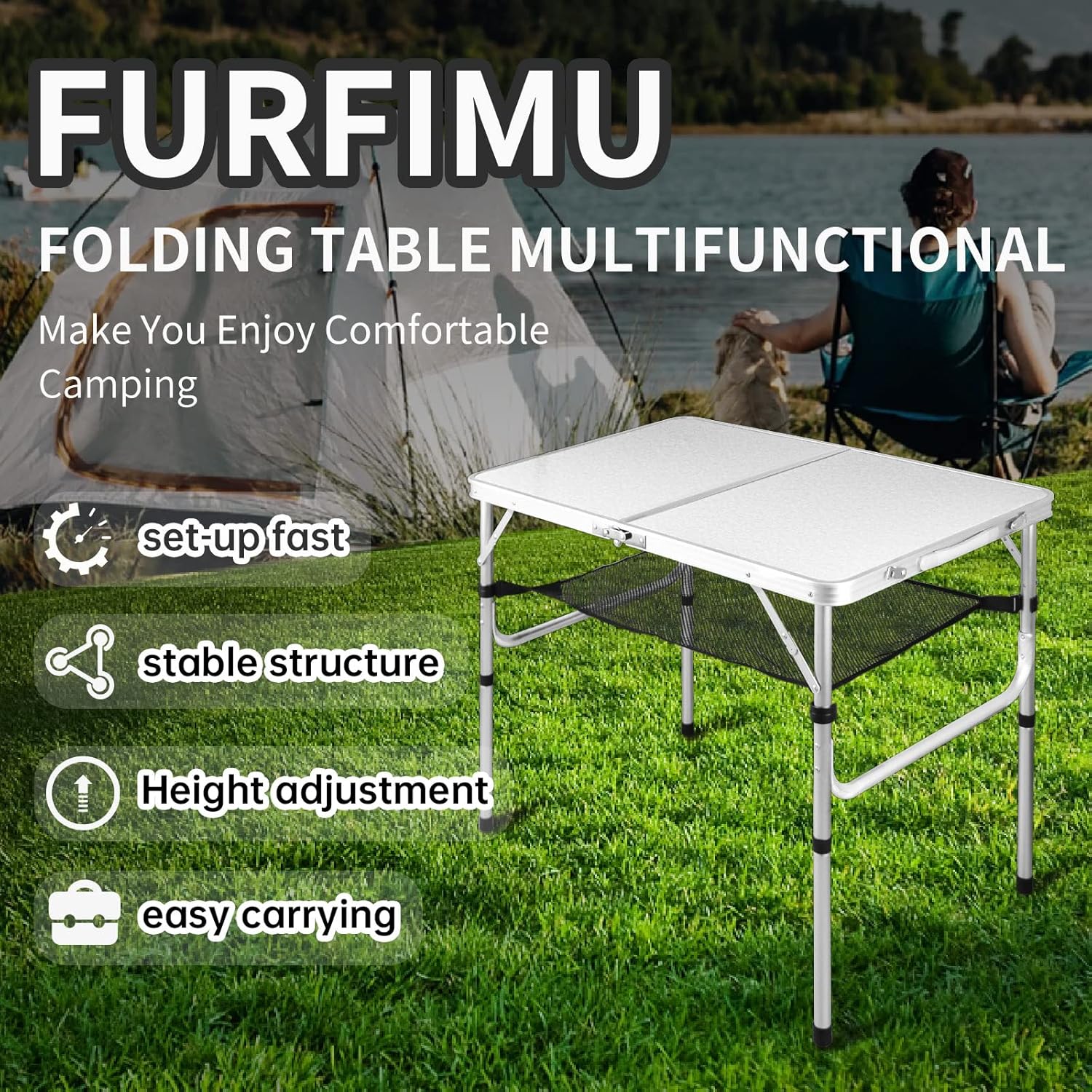 Medium Folding Table,2 Adjustable Height Foldable Table,3Ft Portable Camping Table,Outdoor Folding Table with Net Mesh,Folding Beach Table,White Metal Folding Table for Patio BBQ Backpacking