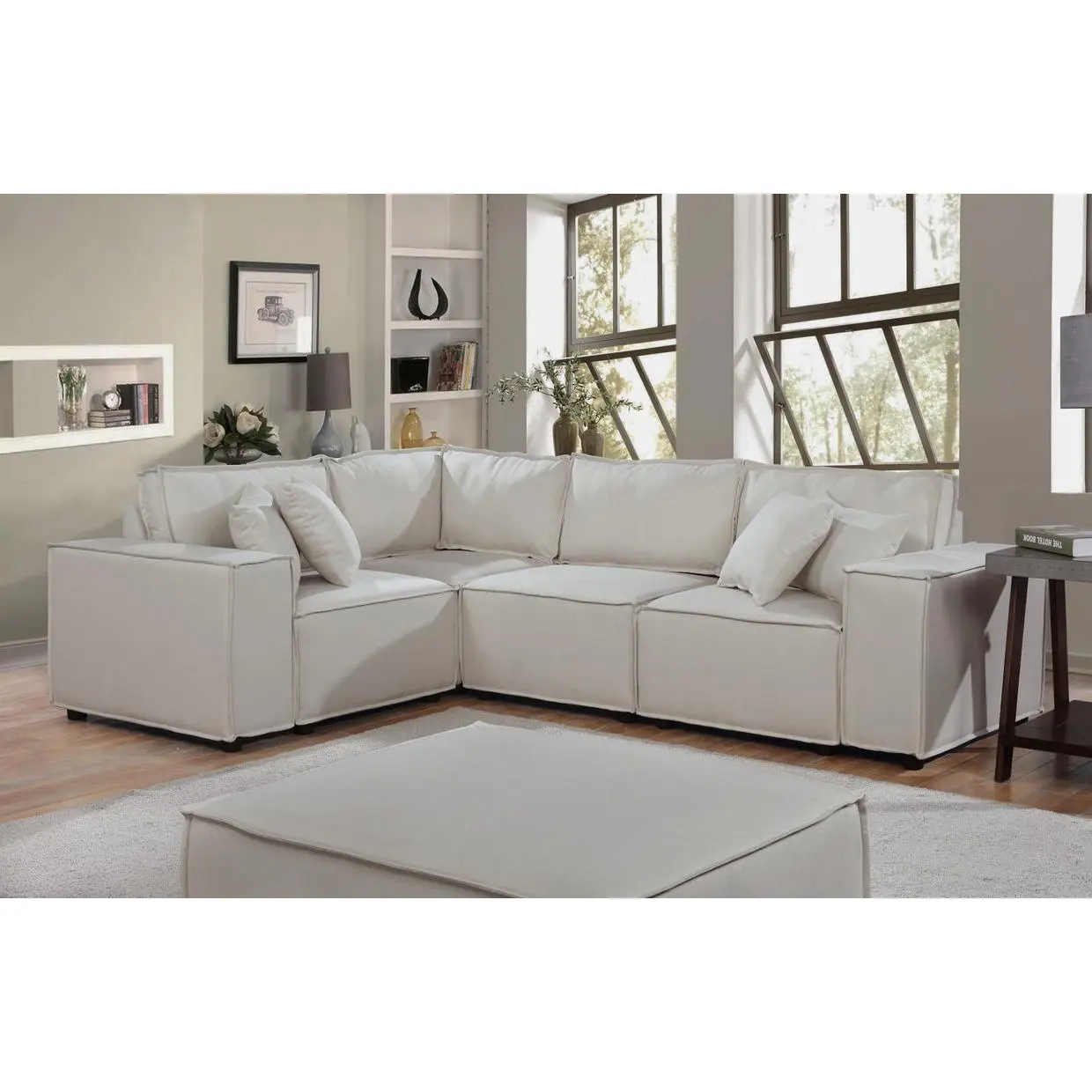Nokaa Modular Sectional Sofa with Ottoman for Living Room, 4-Seat Linen Upholstered Couch with Welt Trim, Foam Filled Seats with Pocket Coil Springs, 5 Accent Pillows, Beige, 99W x 71.5D x 31.5H in