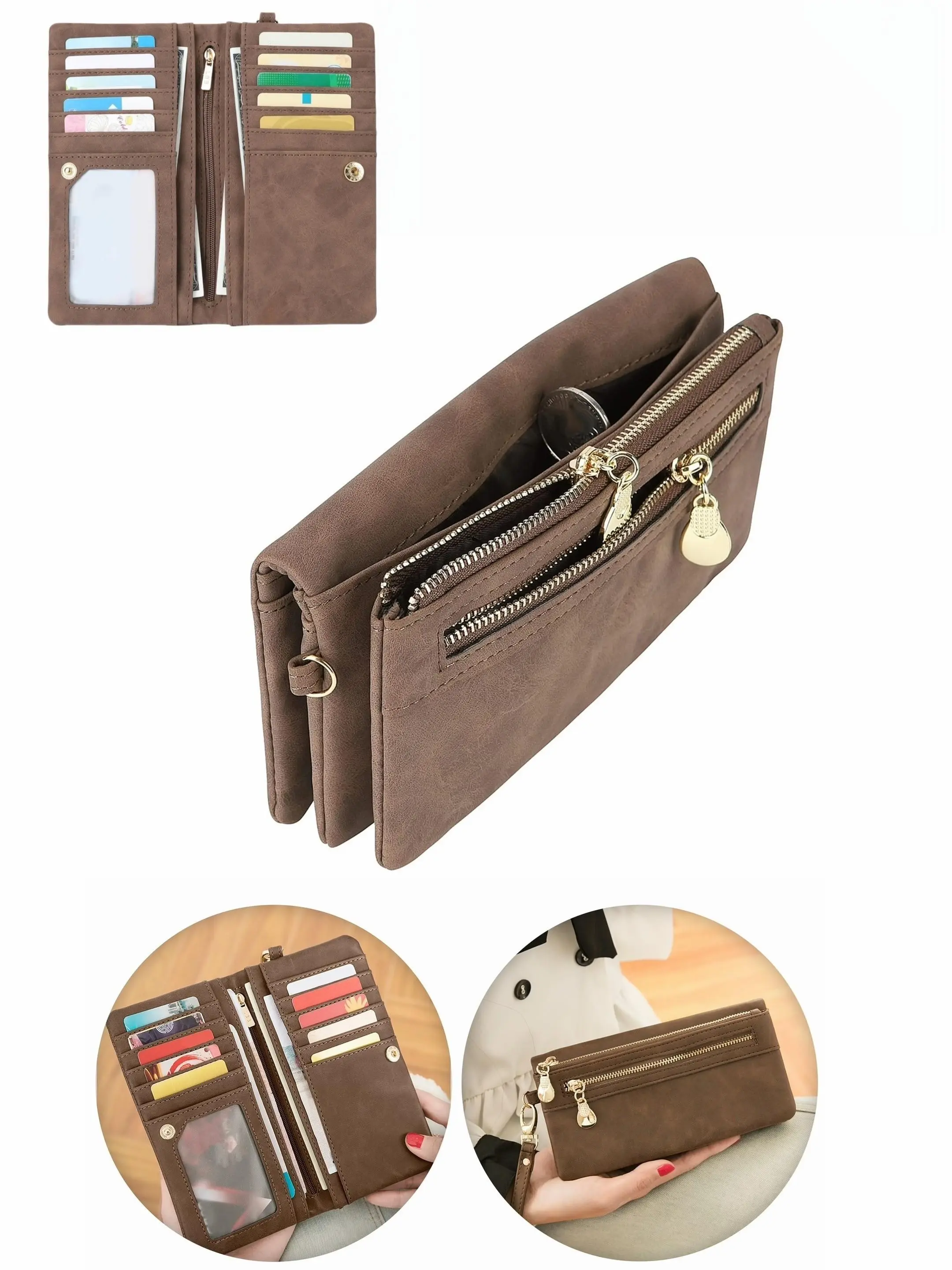 Vintage Women Long Wallet With Wrist Strap, Minimalist Bifold Large Capacity Faux Leather Purse, Zipper Pocket, Card Slots & ID Window, Stylish Daily Handbag, Perfect Gift For Men Women, Casual Wallet
