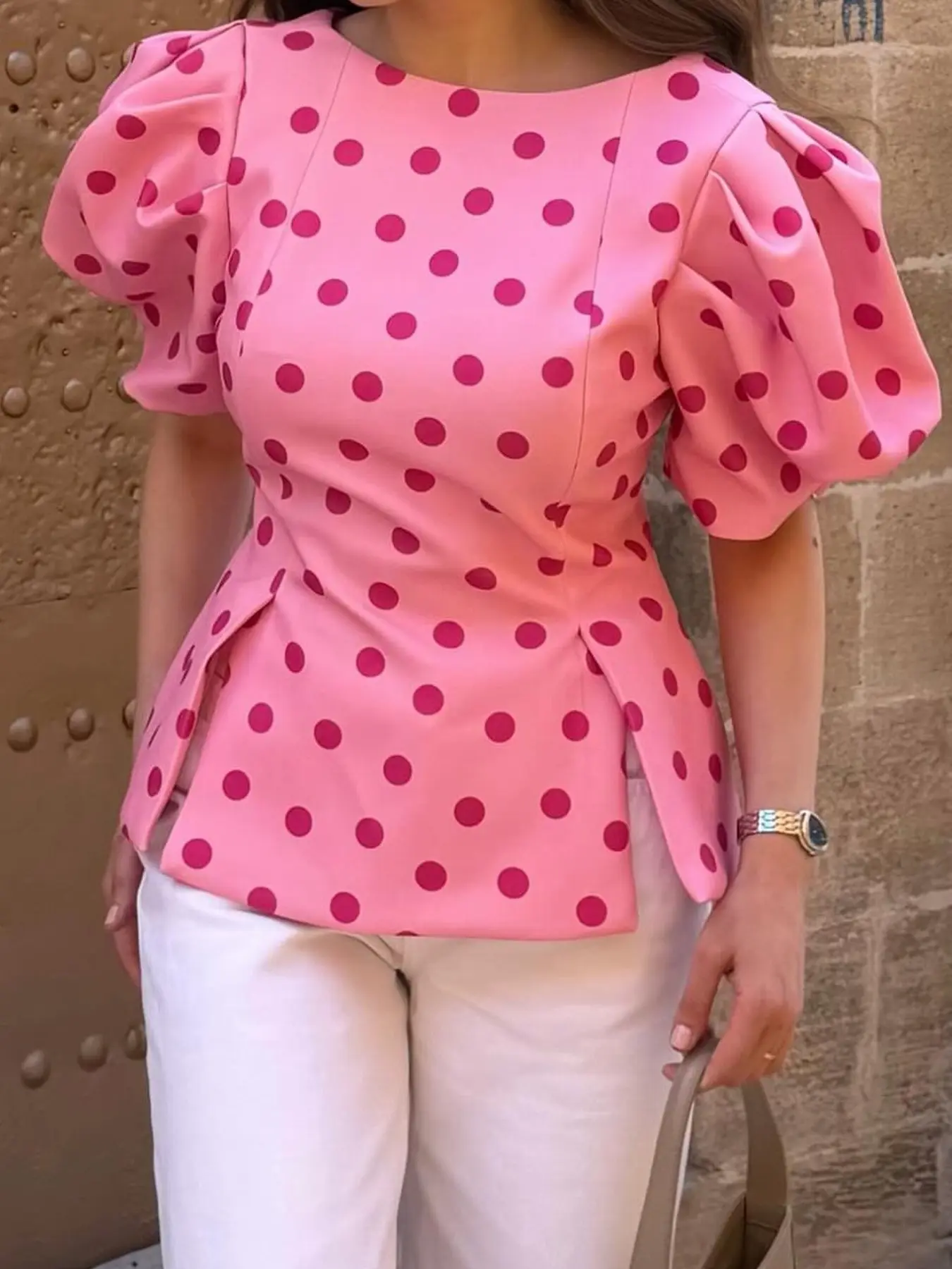 Women's Spring Summer Polka Dot Bubble Sleeve Balloon Puff Sleeve Ruffle Slim Fit Short Sleeve Casual Top, Fashionable Ladies' Clothing for Daily Wear