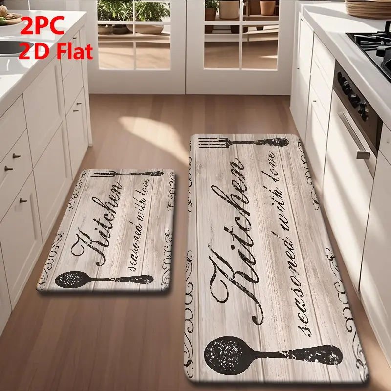 2/3pcs Vintage Kitchen Mat Set, Flannel Material, Light, Retro Design, Non-Slip Base, Ideal for Home Decor