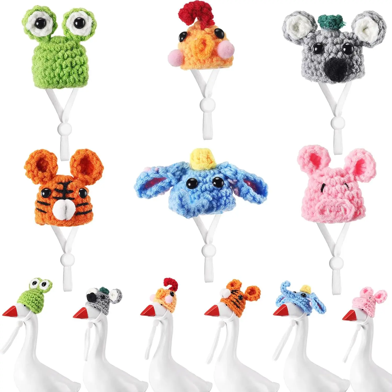 6 Pcs 7 Inch Desk Goose Outfits Mini Knitted Hats with Adjustable Strap Porch Goose Statue Headwear(Animal)