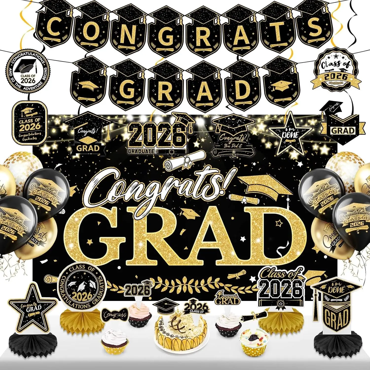 Graduation Decorations 2026 Set Black , Congrats Grad Decor Set with Banner Backdrop,  Swirls  Centerpieces Balloons for Grad Party Decorations()