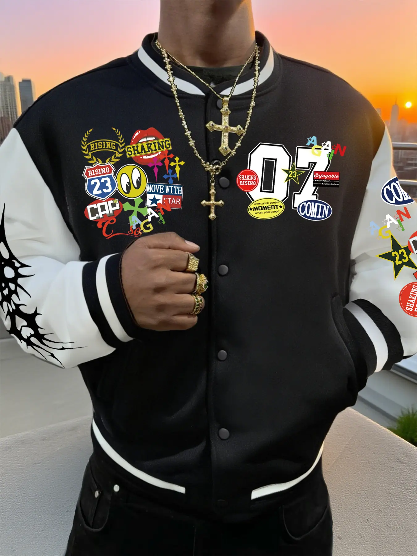 American Vintage Colorblock Baseball Jersey, Multi-Element Print, Loose Fit, Comfortable Casual Wear for All Seasons