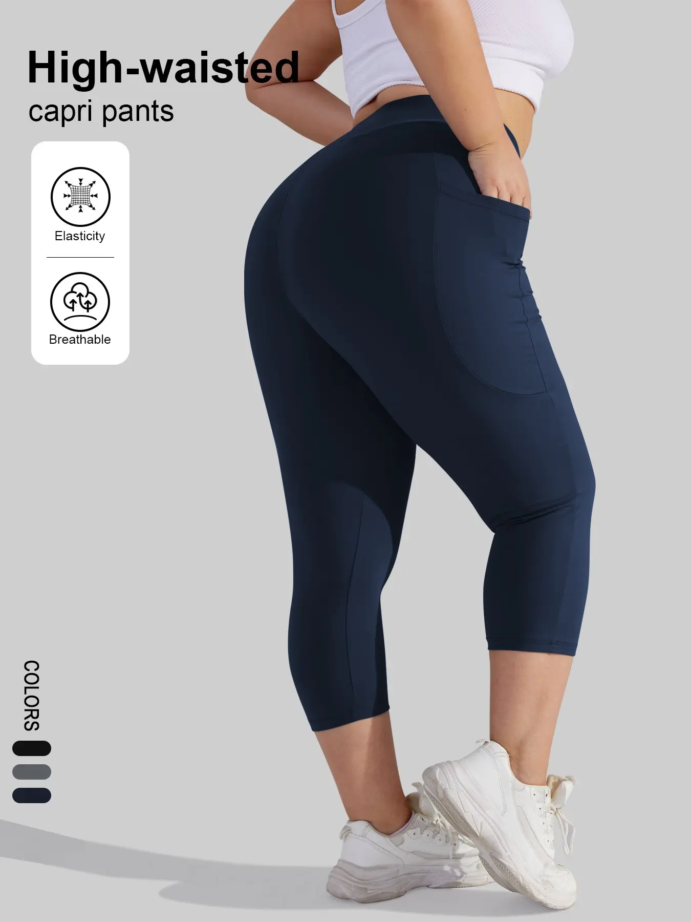 Women's Plus Size High Waist Tight Pants, Seven-Quarter Elastic Capri Training Leggings, Side Moon-Shaped Pockets, Summer Commute Wear, Solid Color Daily