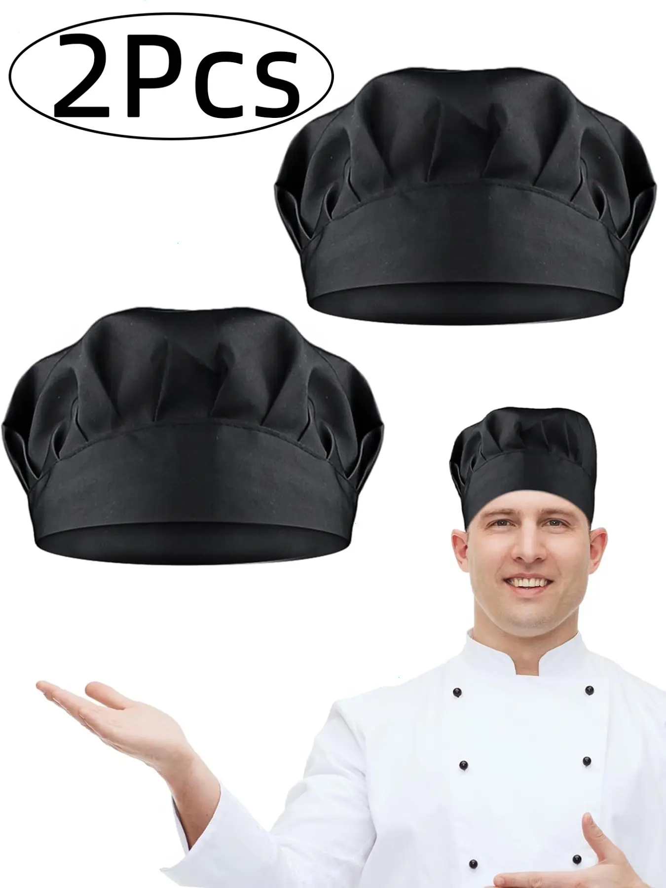 2Pcs-Adjustable Chef Hat Set with Elastic Band, Breathable Polyester, Reusable, Suitable for Kitchen and Food Service Professionals, Adjustable Headwear