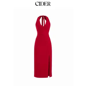 Cider Halter Neck Backless Split Ruched Bobycon Maxi Dress