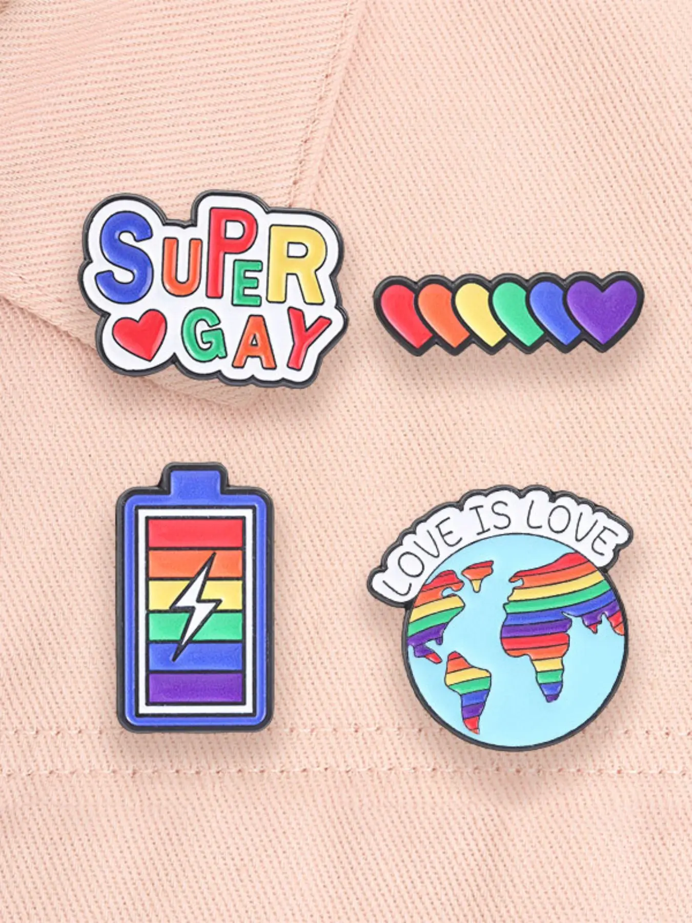 4-Piece Lgbtq Rainbow Pride Enamel Brooch Set, Heart Battery Earth Pin, Love Is Love Super Gay Pride Month Alloy Badge, Lapel Pin, Fashion Accessory Gift