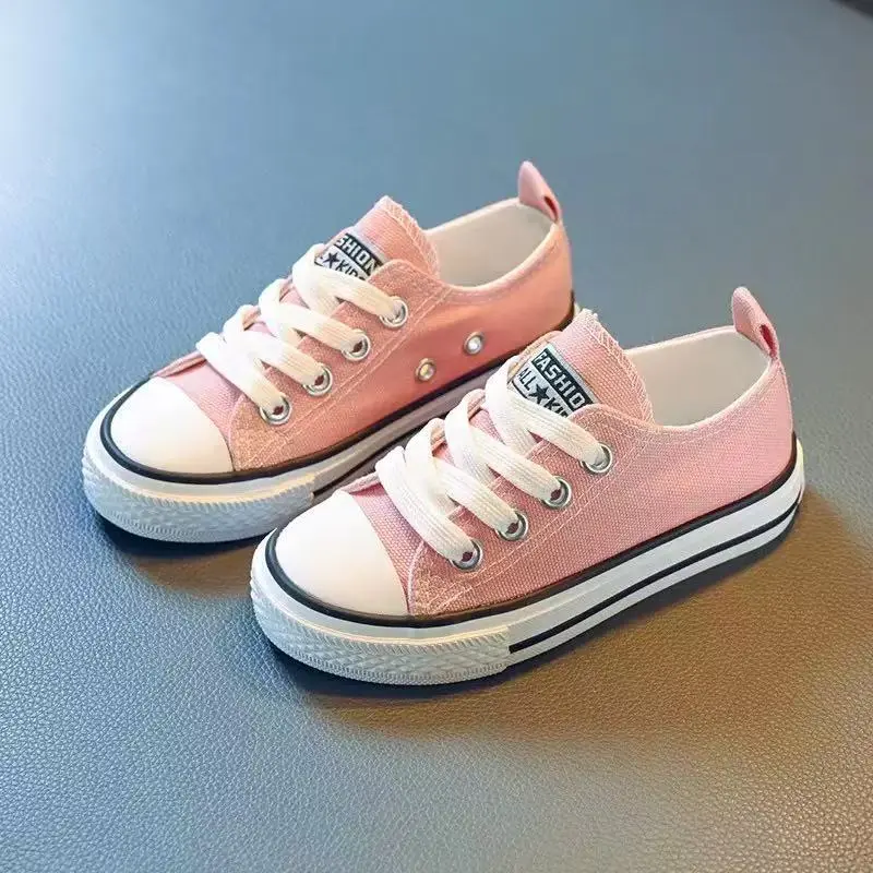 Kids' Low-Top Canvas Sneakers - Breathable Inner Perforation, Durable Rubber Sole, Lightweight & Comfortable, Black/White/ Pink, Lace-Up Design for Boys & Girls, Casual Spring Shoes |                 Laceup Sneakers |                 Canvas Upper Sneaker