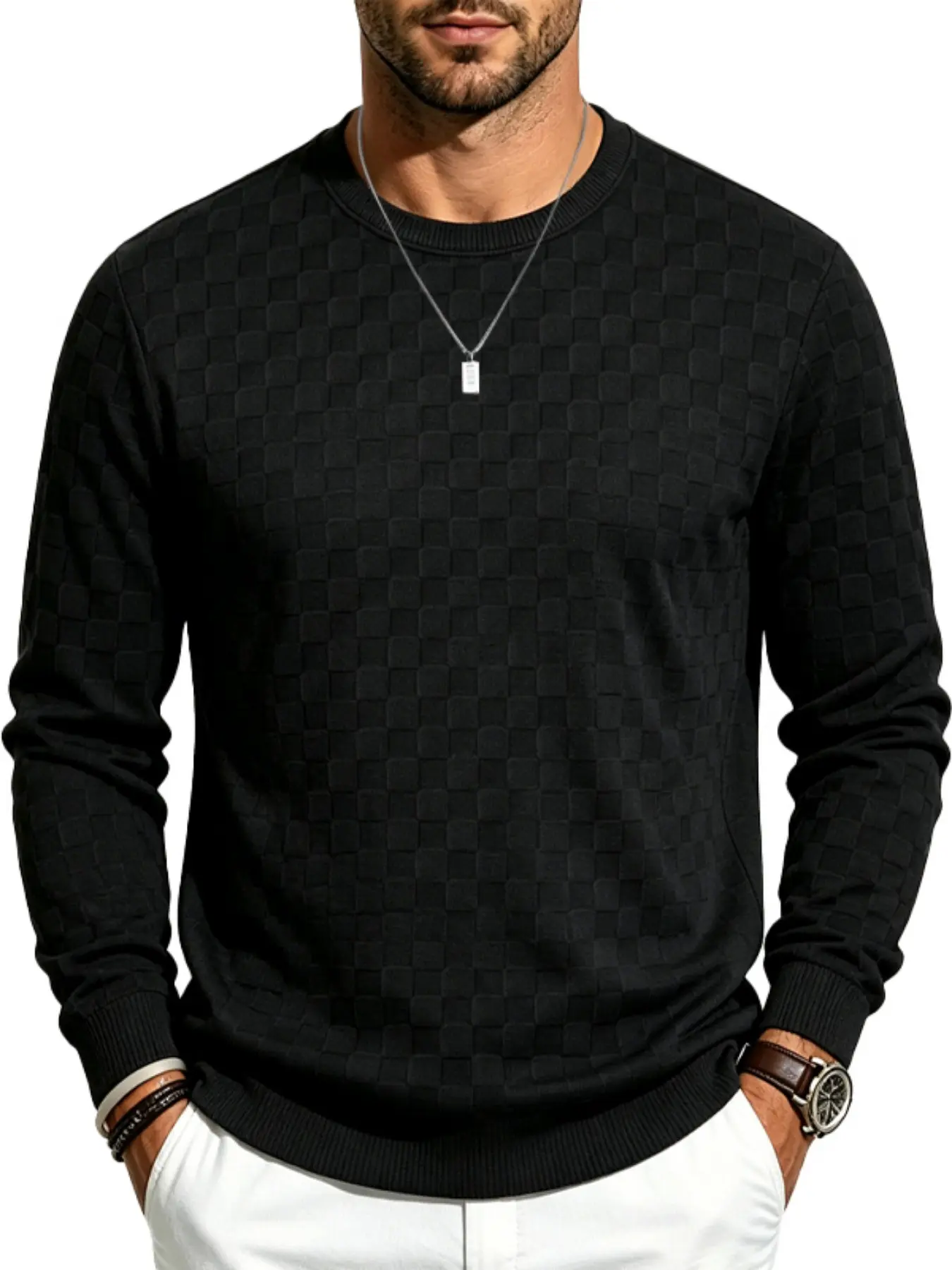 Men's Elegant Plaid Round Neck Sweater, Lightweight Knit Long Sleeve Pullover, Monochrome Checkered Knitted Top, All-Season Luxury (4 Colors)