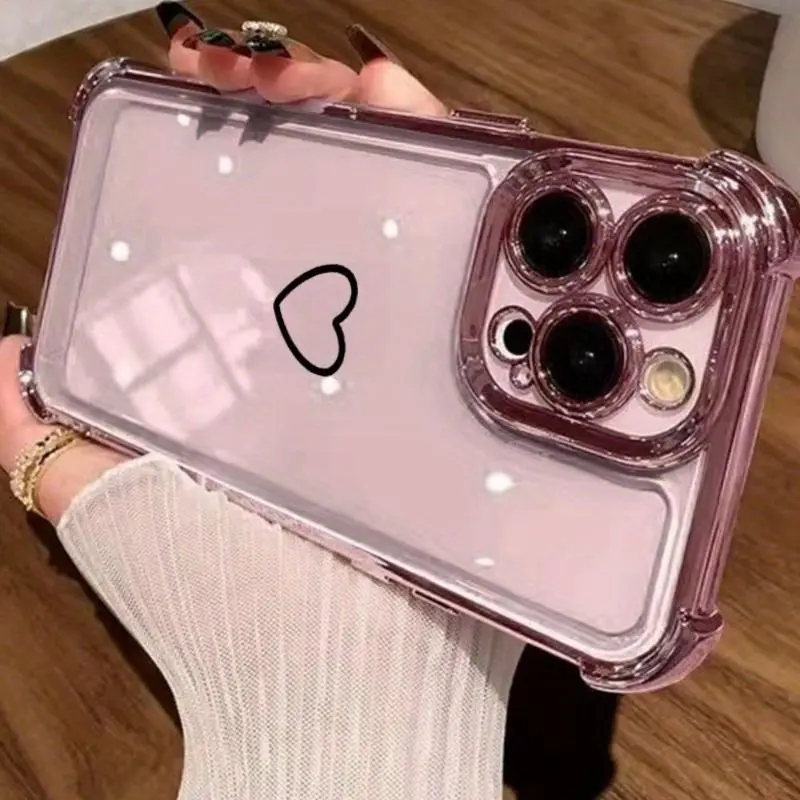 Heart Pattern Four Corner Anti-Fall Phone Case Transparent Electroplated Protective Cover for iPhone 16 Pro Max 17 15 Plus 14 13 12 11 E
