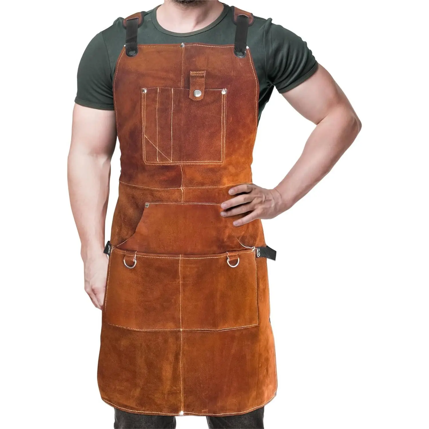 Genuine Leather Heavy Duty Welding Apron - Full-Length, Heat Resistant, Padded Straps, 11 Tool Pockets for Tool Storage, Adjustable Men’s (M-XXL), Durable, Reduces Strain, Ideal for Blacksmith, Metalworking Use