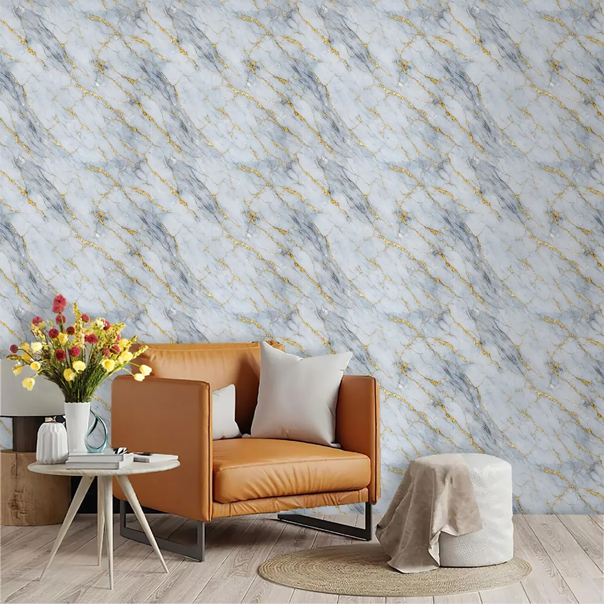 Light Blue Gold Marble Pattern Wallpaper, PVC Material, Moisture-Proof, Easy Peel-And-Stick, Ideal for Kitchen/living Room/bedroom Decor