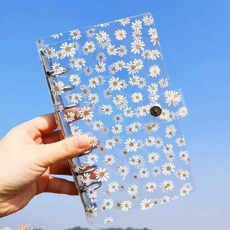 Kawaii Pink Daisy A6 Portable Transparent 6-Ring Loose-Leaf Binder, Organize Files Notebook for School Office Home Supplies