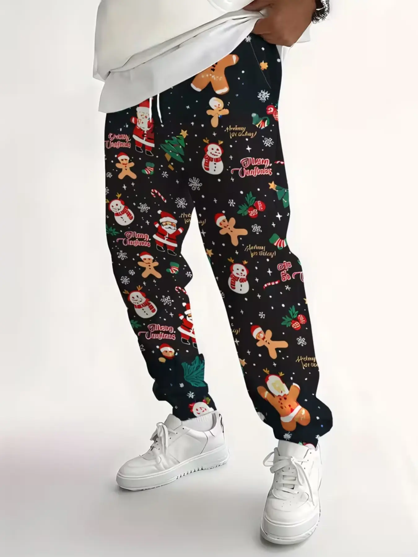 Men's Long Pants with Digital Print, Christmas Santa Snowman Gingerbread Pattern, Casual Sporty Style, Fall Fashion, Slim Fit