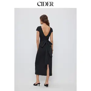 Cider Boat Neck Twist Knotted Mid Rise Backless Straight Maxi Dress