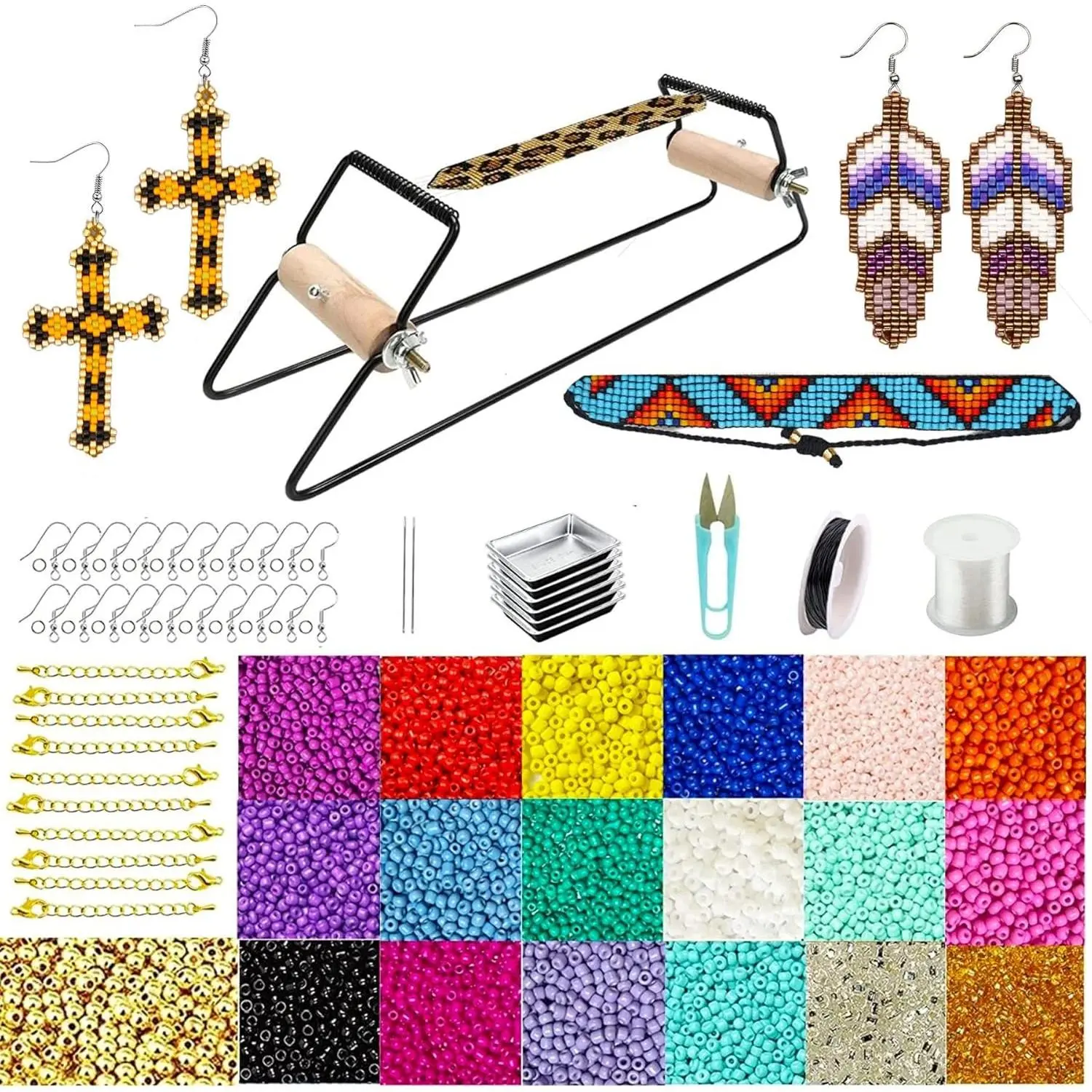 Frame Beading Loom Kit for Making Beaded Bracelets Earrings Belts, Includes 17250 3mm Seed Beads, 150 Meter Crystal Elastic Cord, Beading Trays, Needles and Instruction for DIY Craft Jewelry