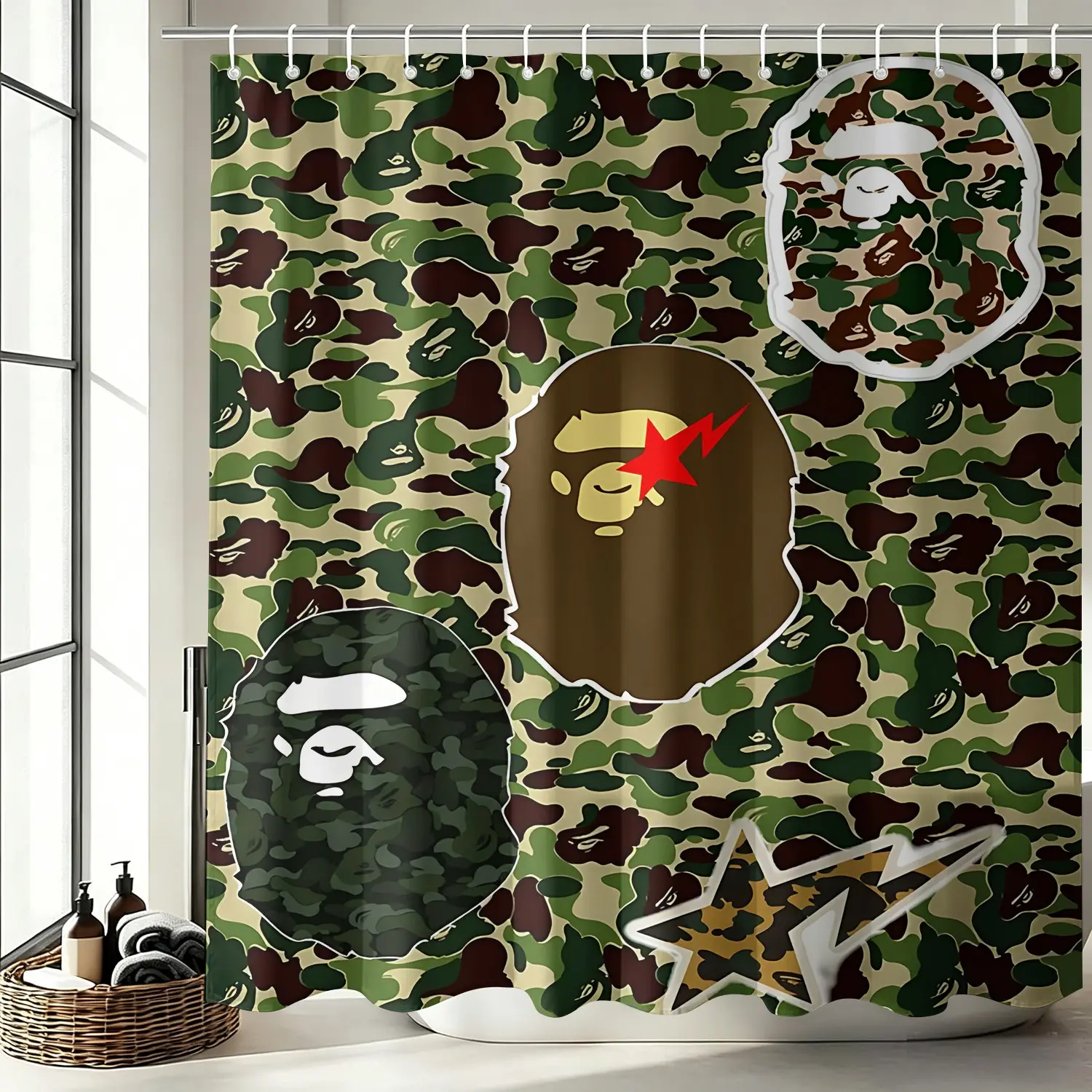 Classic Green Camo Head Digital Print Shower Curtain; Waterproof Bath Curtain with Free Hooks; Hip Hop Camouflage Monkey Head Pattern Washable Bathroom Curtain, Decor Accessory for Dorm, RV, Lake House, Beach House, Cabin, Bathroom Shower Curtains