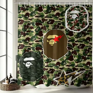 Classic Green Camo Head Digital Print Shower Curtain; Waterproof Bath Curtain with Free Hooks; Hip Hop Camouflage Monkey Head Pattern Washable Bathroom Curtain, Decor Accessory for Dorm, RV, Lake House, Beach House, Cabin