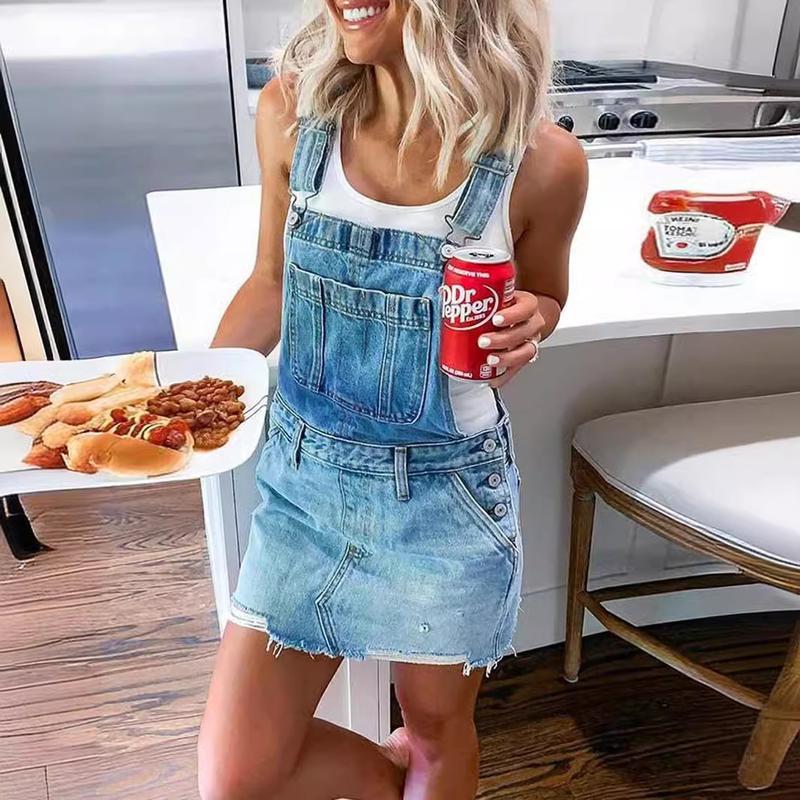 Women's Summer Casual Straps Denim Overall Dress with Pockets Sleeveless Suspender Skirt Pinafore Short Jeans Womenswear Suits