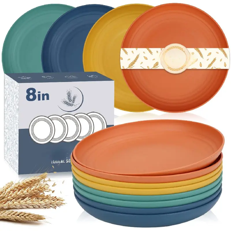 Wheat Straw Plates - 8 Inch Unbreakable Dinner Plates Set of 8 - Dishwasher & Microwave Safe Plastic Plates Reusable - Lightweight Plate for kitchen,R.V. (Colorful Series)