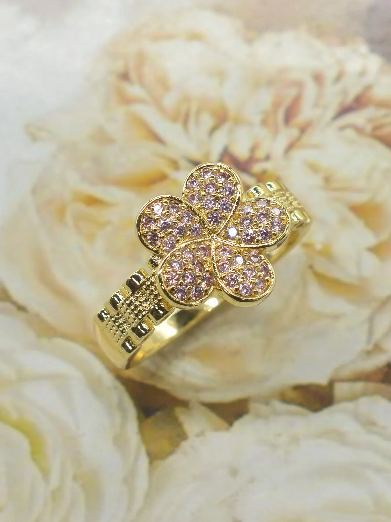 1pc 14k Korean-style gentle girl-style gold-inlaid pink and purple zircon flower nugget Elegant Glittering ring, for women, suitable for dates, commutes, parties, graduation ceremonies, and Valentine's Day romantic gifts.