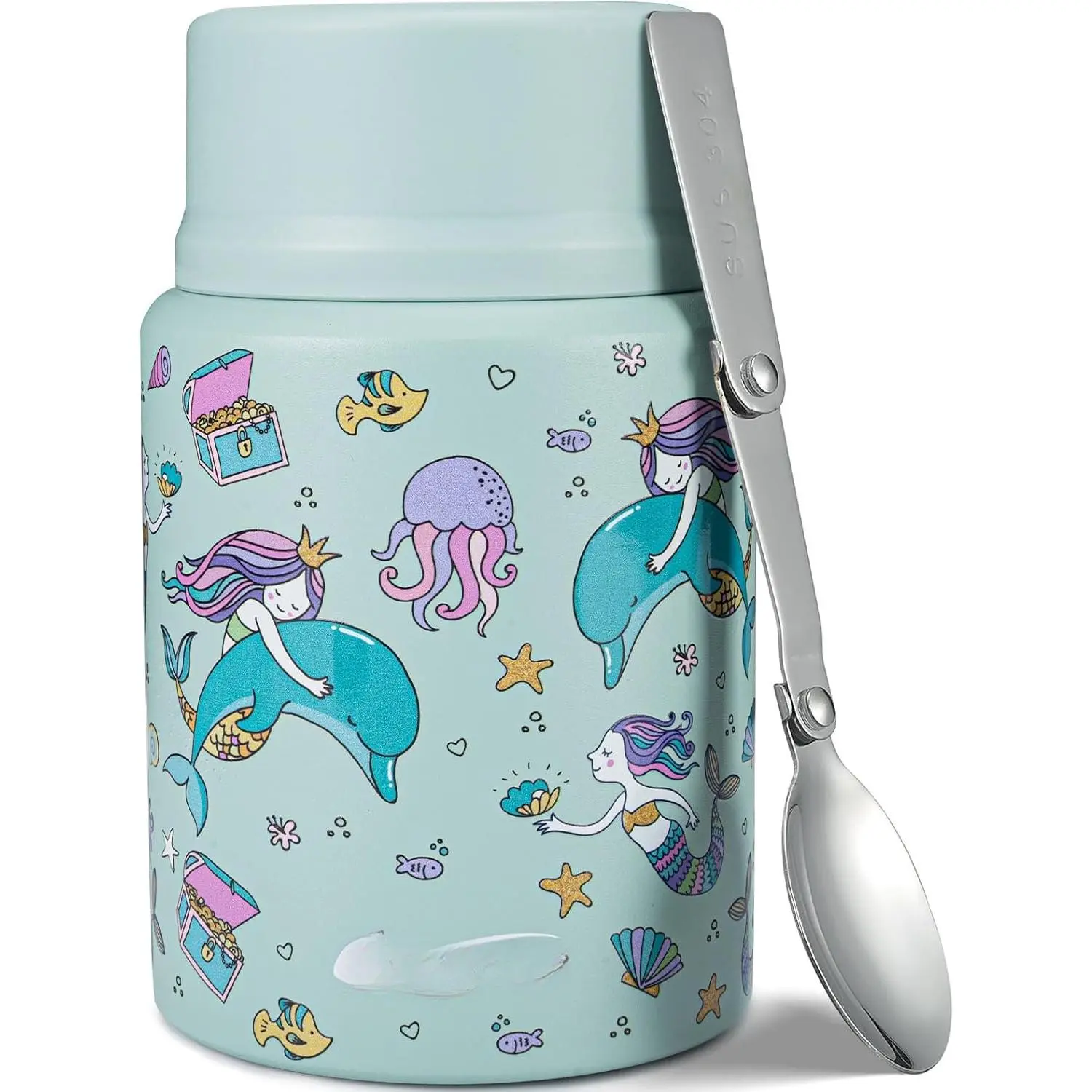17oz Thermo for Hot , Soup Thermo  Container for Lunch Box with Folding Spoon ZB - Cyan
