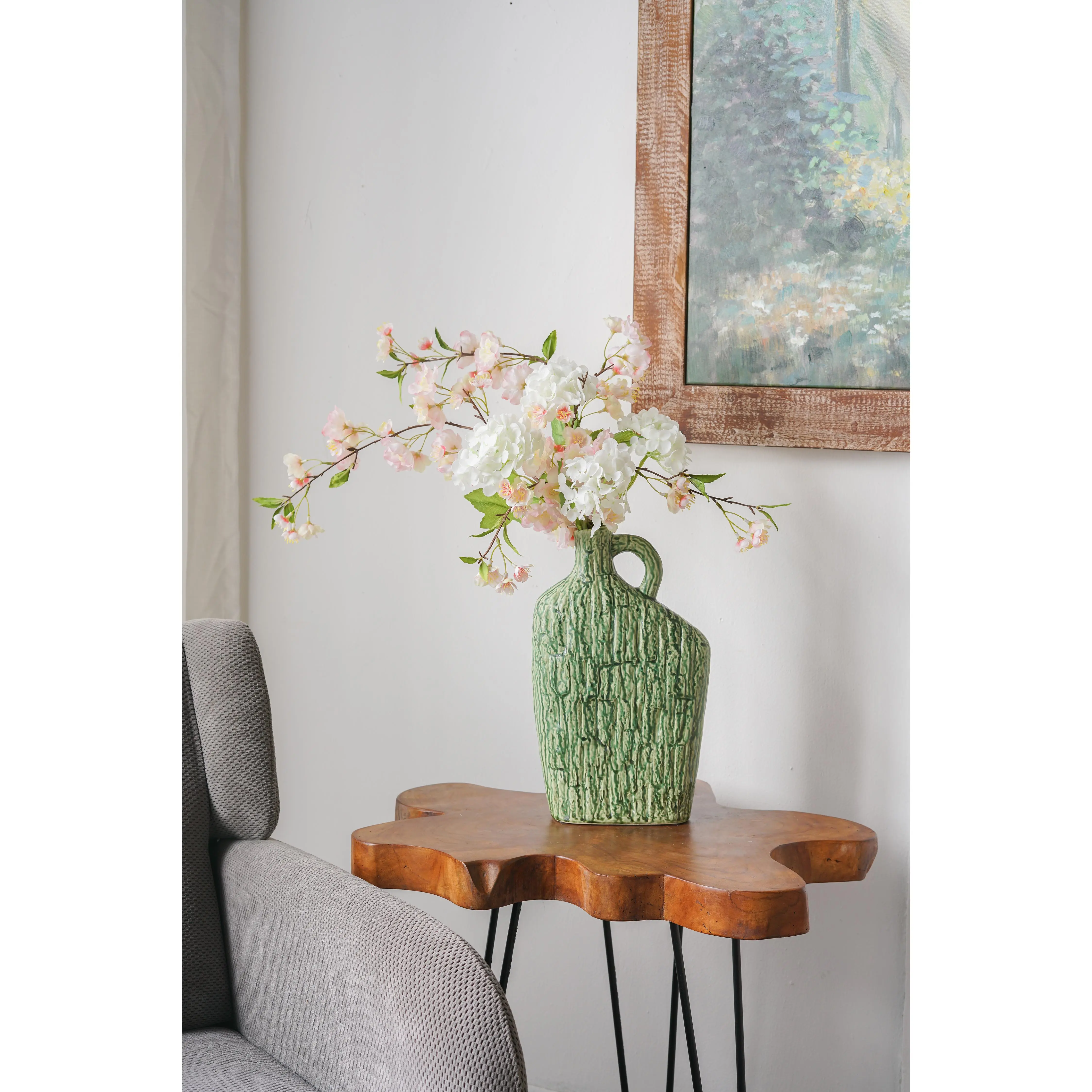 ARCH Green Ceramic Vase Asymmetrical Organic Texture Handle 8.5x3.9x13.8 Inch Modern Sculptural Pottery Vase for Mantel Tabletop Shelf Counter Home Decor Accent Boho Transitional Contemporary Style, Green Color Options, Ceramic Material