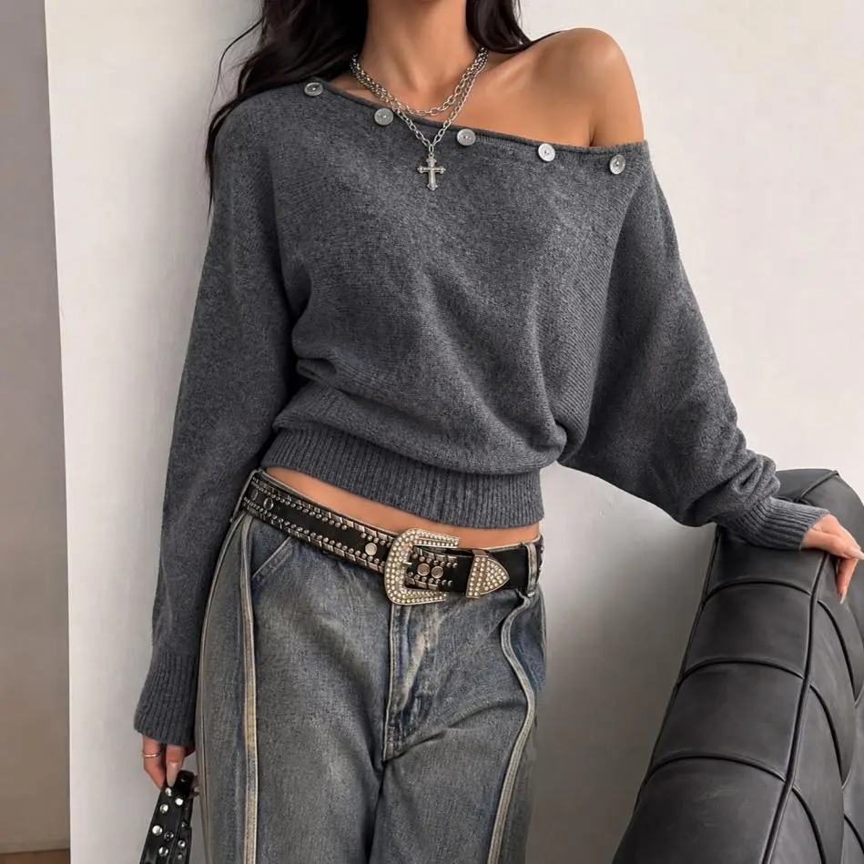 European and American trends off-the-shoulder button sweater women's cross-border autumn and winter new loose pullover one-word neck knitted batman