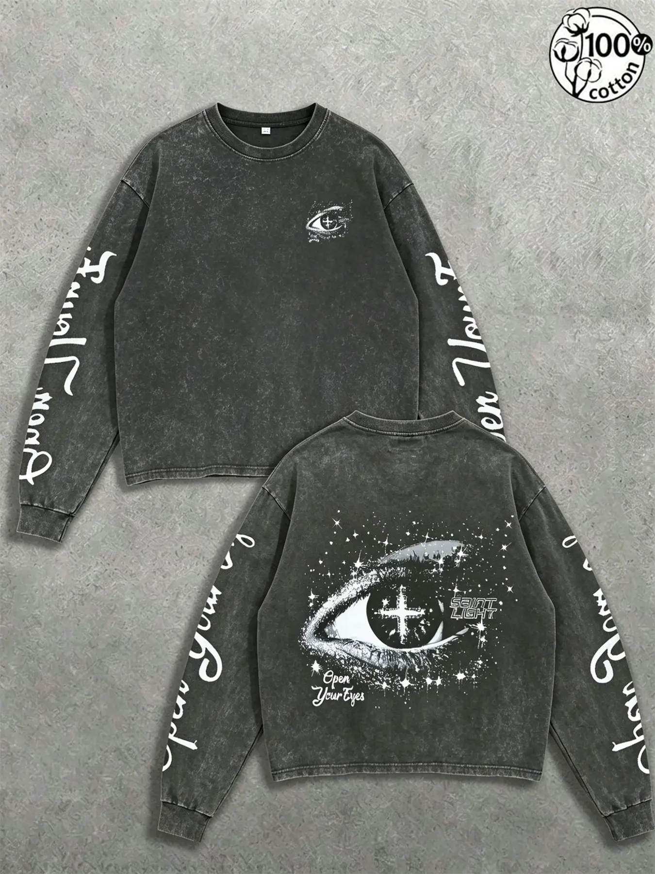 Unisex 100% Cotton Acid Wash All-Seeing Eye Full Print Long Sleeve Tee "Open Your Eyes" Slogan Dark Mystic Streetwear Retro Casual Oversized Top