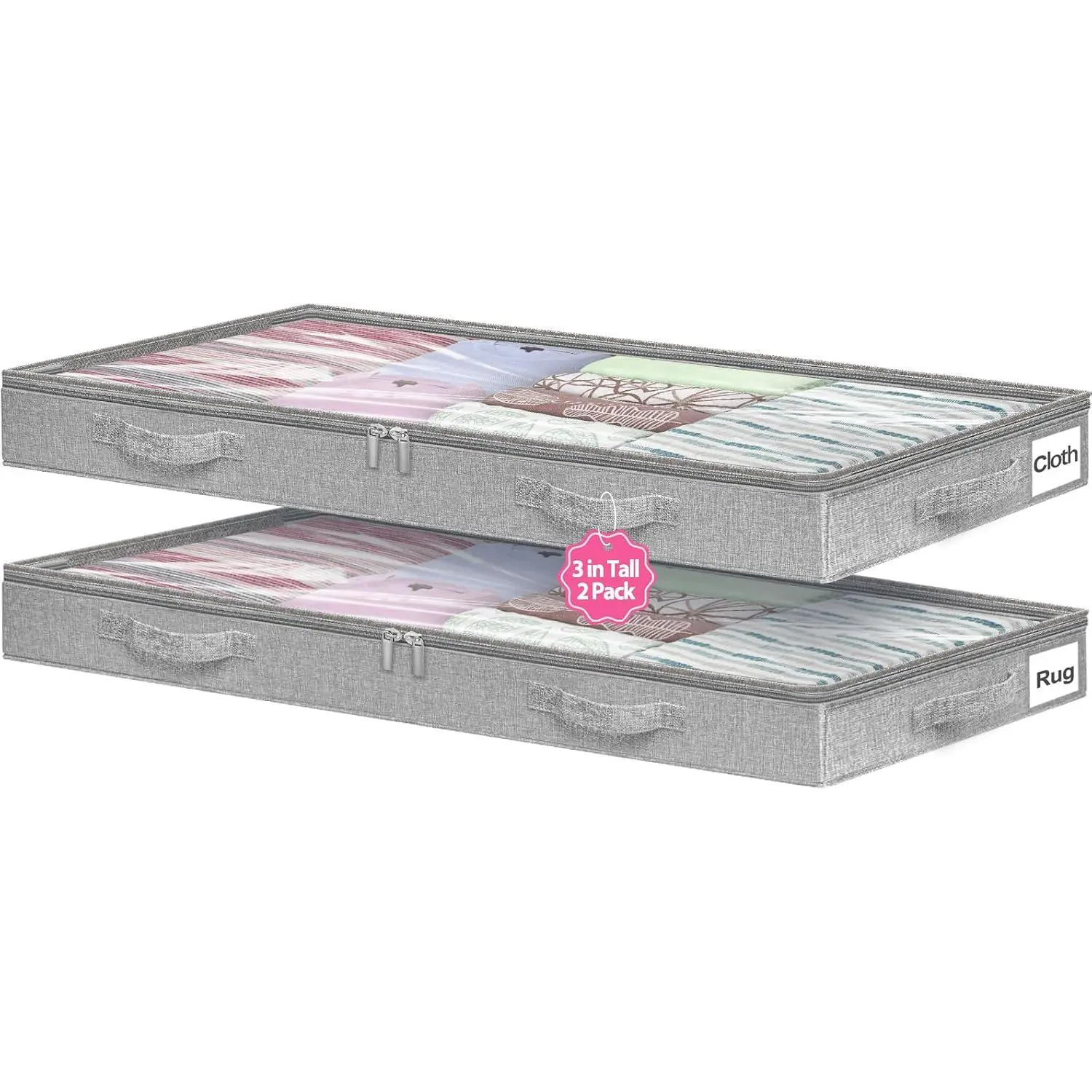 3-in Ultra-Slim Under Bed Organiser Boxes, 2-Pack Gray Collapsible Storage Bins with Transparent Cover, Reinforced Handles, Smooth Zips for Low Beds, Couches