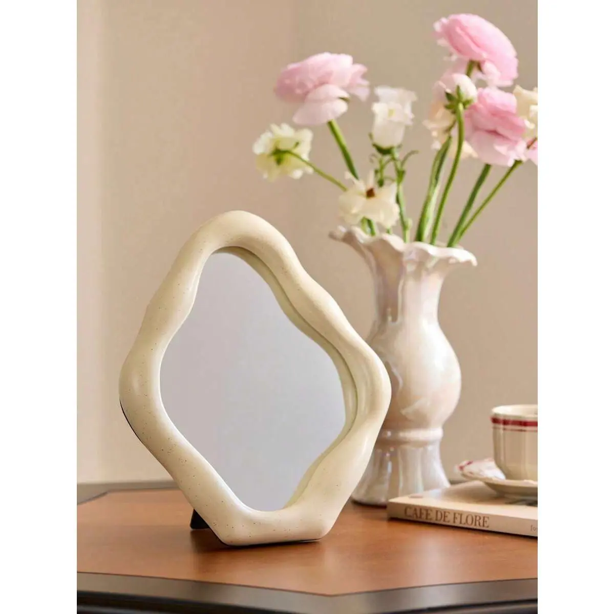 Cirelle High-Aesthetic Asymmetrical Glass Tabletop Mirror - French Vintage Vanity Mirror for Bedroom Desk Setup, Home Decor Supplies