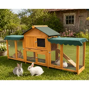 82in Large Wooden Rabbit Hutch - Detachable Outdoor Run, Weatherproof Bunny/Chicken Cage with Ramp, Multiple Access Doors, 45.89 lbs, 85.83 x 20.28 x 37.80 inches, Easy to Assemble