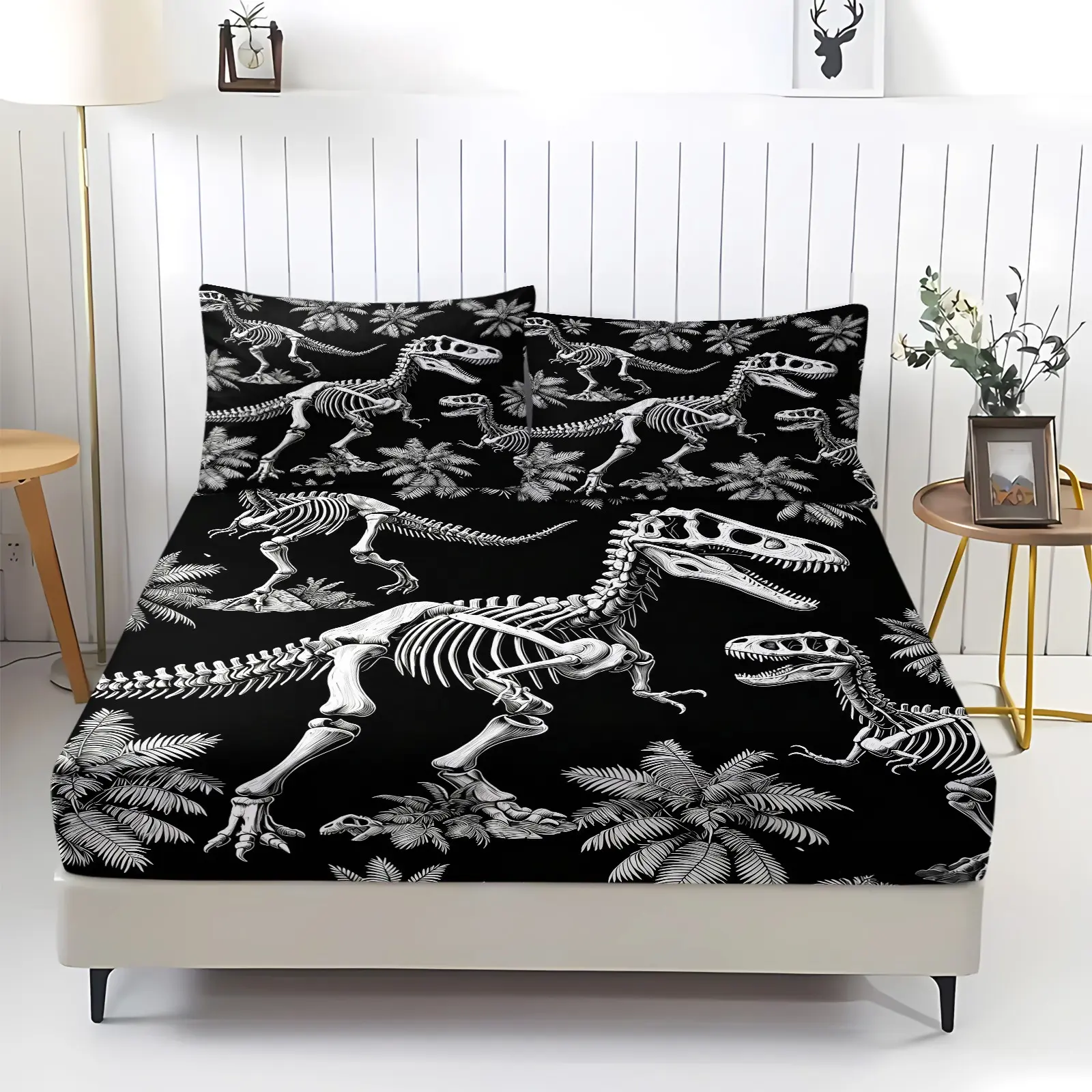 Dinosaur Bones Fitted Sheet with 2 Pillowcases,Vintage Animla Skull Print Bed Sheets Set 12" Deep Pocket Microfiber Bed Cover (1 Fitted Sheet and 2 Pillowcase)