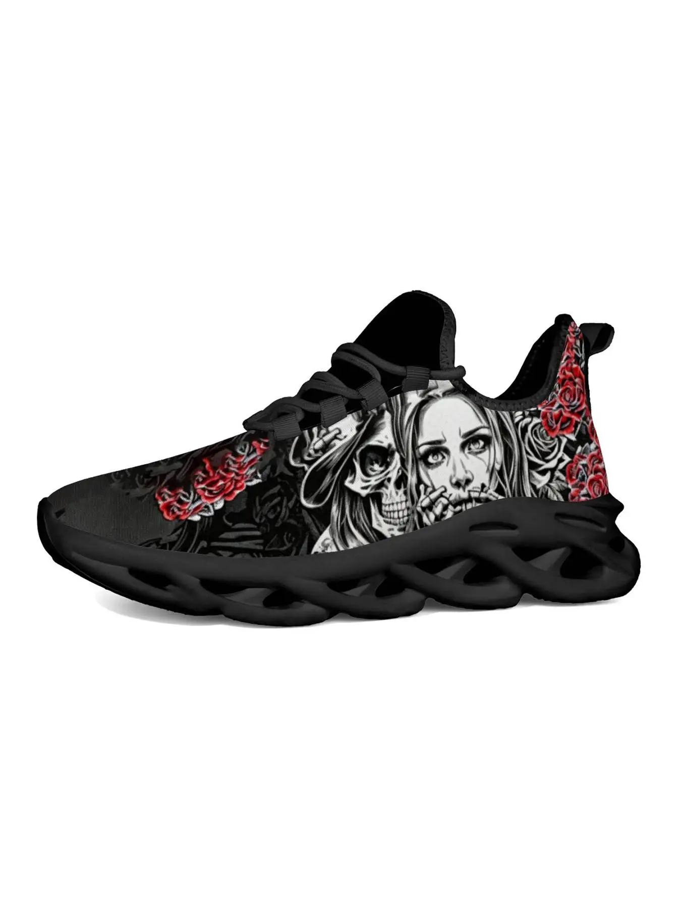 Men's Dark Rose Skull Print Thick Sole Casual Sneakers, Gothic Streetwear Fashion, Lightweight Hollow Out High Top, Trendy Skateboard Shoes