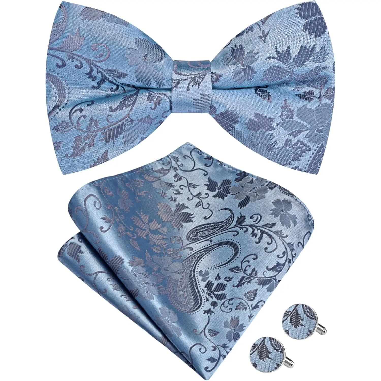 Mens Paisley Pre-Tied Bow Tie Handkerchief Jacquard Woven Adjustable Bowties Pocket Square Cufflinks Set, Formal Wear, Adjustable Tie