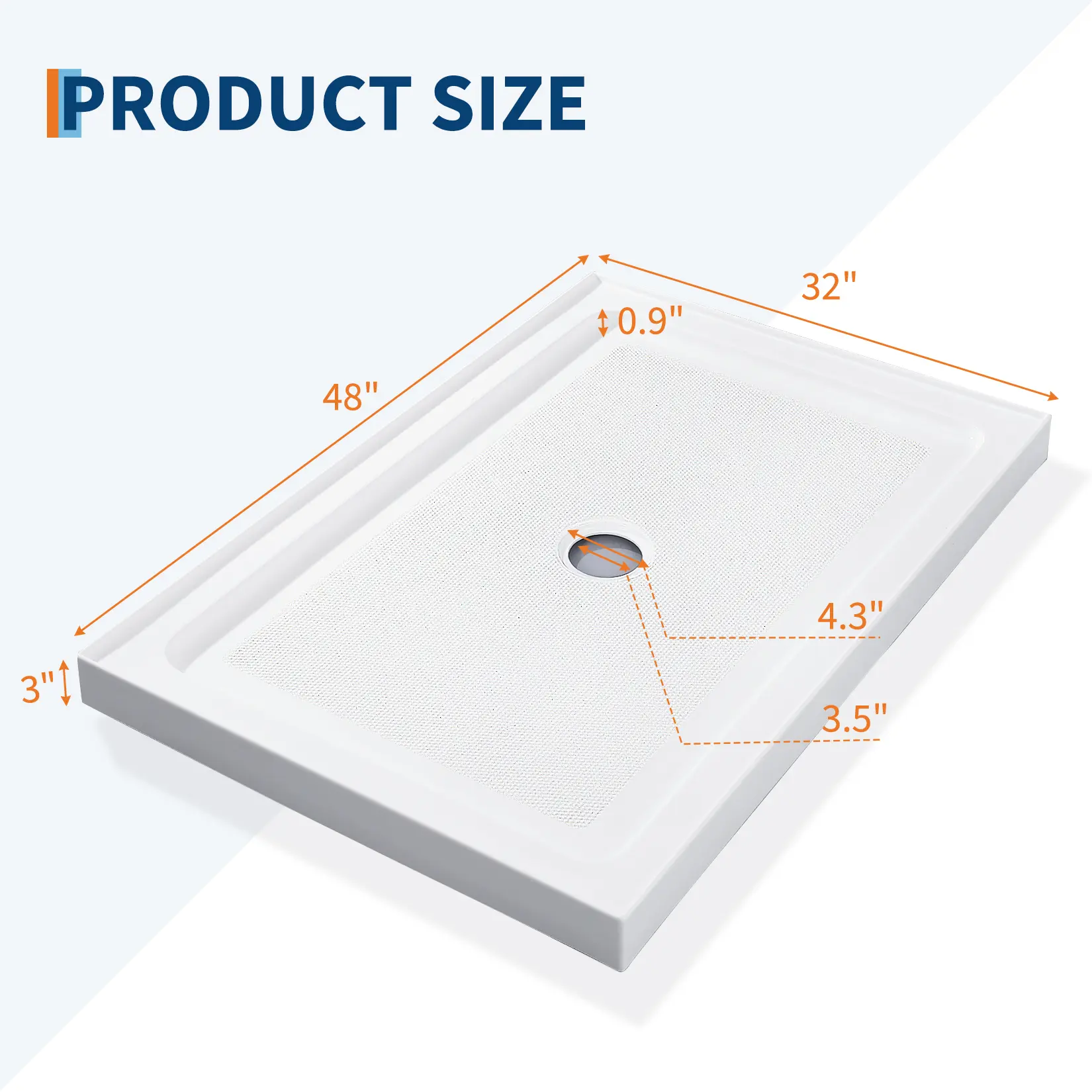 GAOMON Slip-Resistant Acrylic Shower Base Pan, Single-Threshold Center Drain Shower Floor for Renovation - Textured Easy-Clean, Yellow-Resistant Surface - Stainless Steel Drain - White