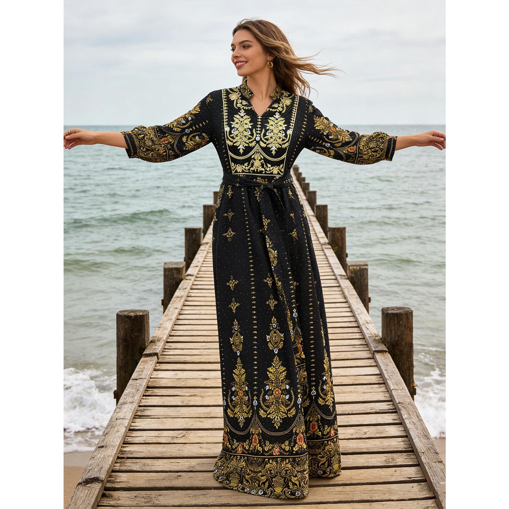 Luxury Gold & Black Baroque Maxi Dress Elegant Belted Boho Gown | Size Inclusive S-4XL | Perfect for Wedding Guest, Evening Gala, Cruise & Vacation