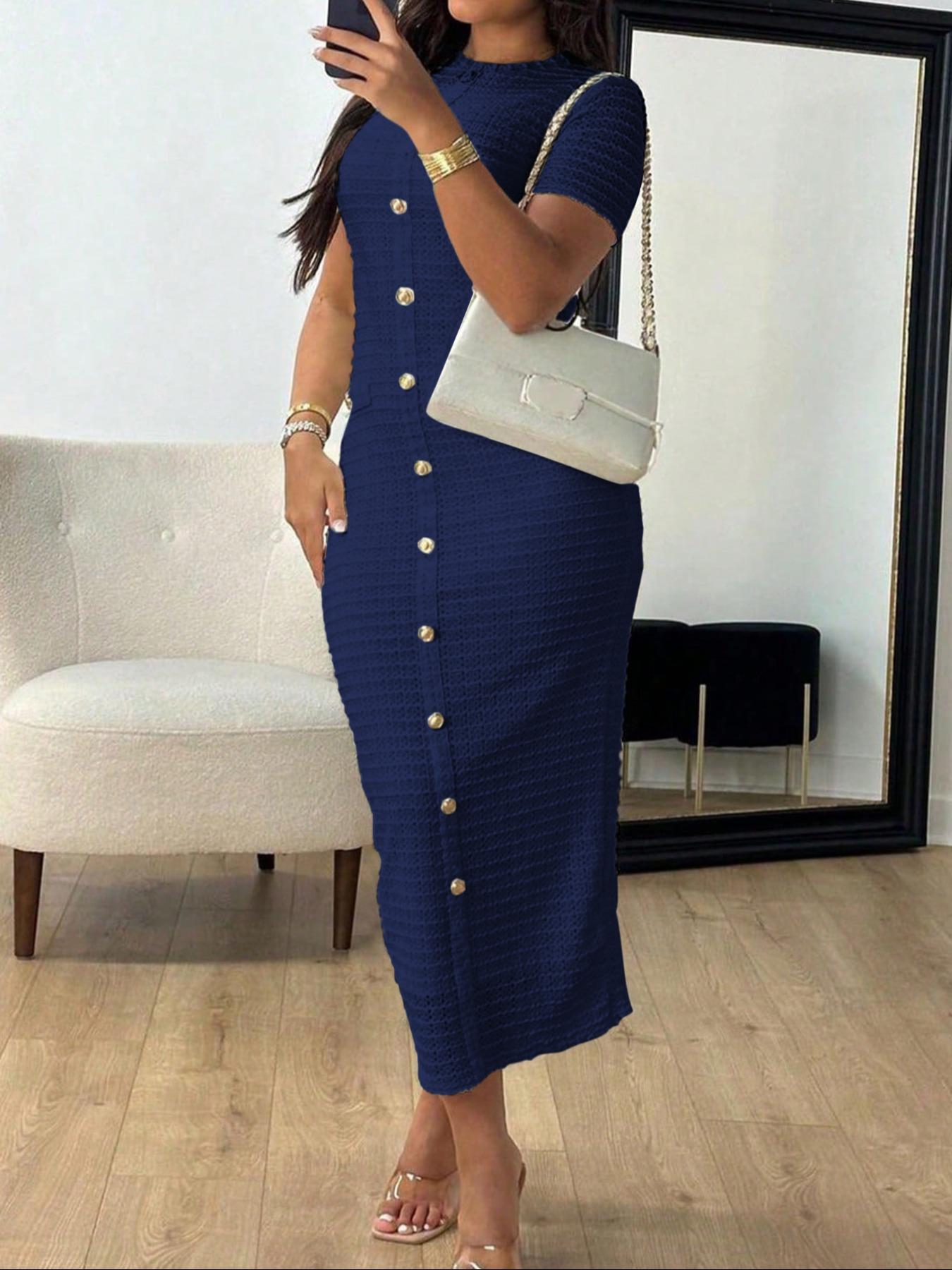 Women's Plain Zipper Back Round Neck Dress, Casual Fake Button Decor Short Sleeve Crew Neck Dress for Daily Wear, Ladies Clothes for All Seasons, Formal Wear