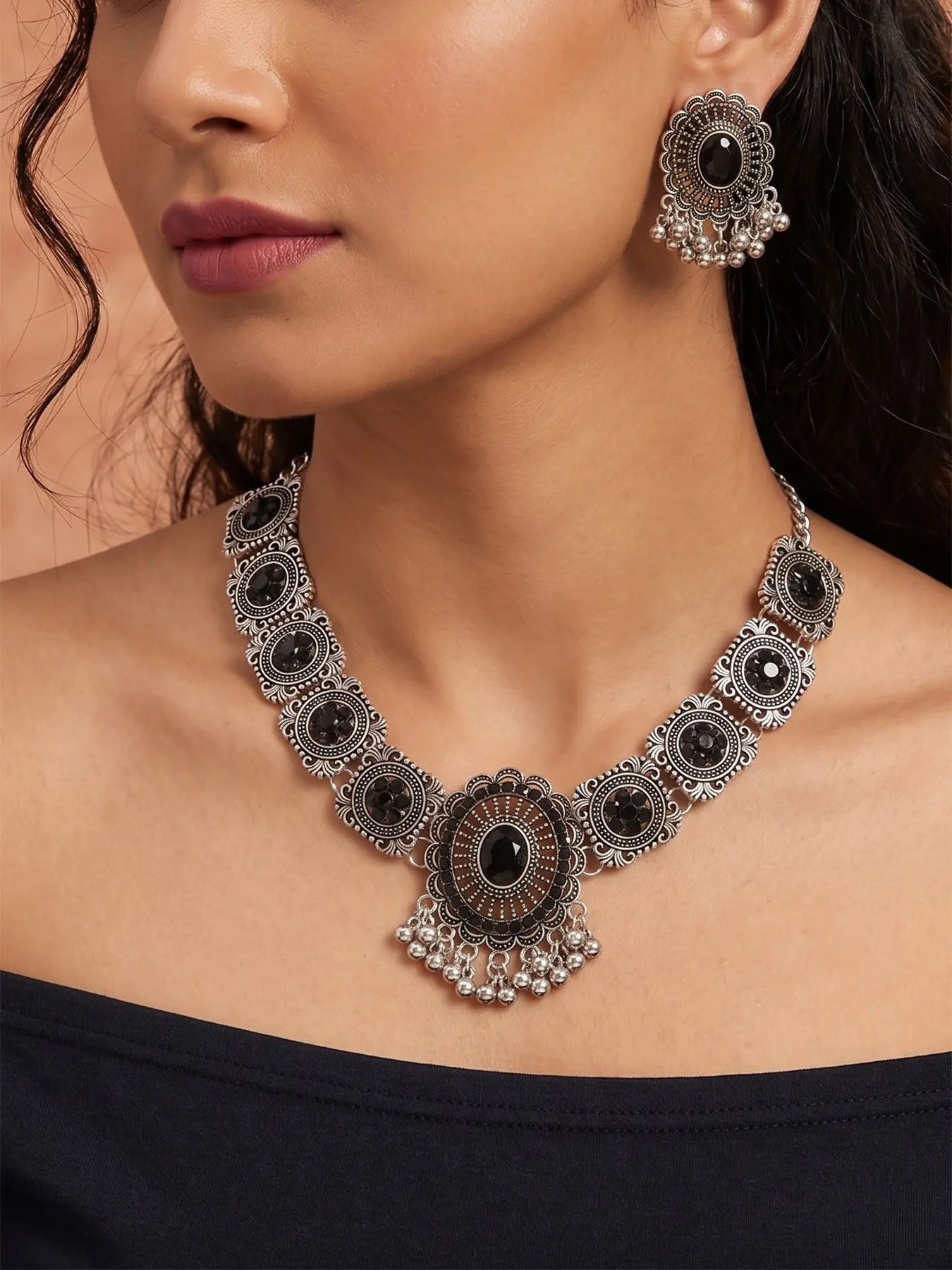 Vintage Indian Bollywood Jewelry Set for Women, Boho Antique Silver Necklace Earrings Set, Retro Ethnic Tribal Statement Jewelry Gift, Necklaces Earrings Set