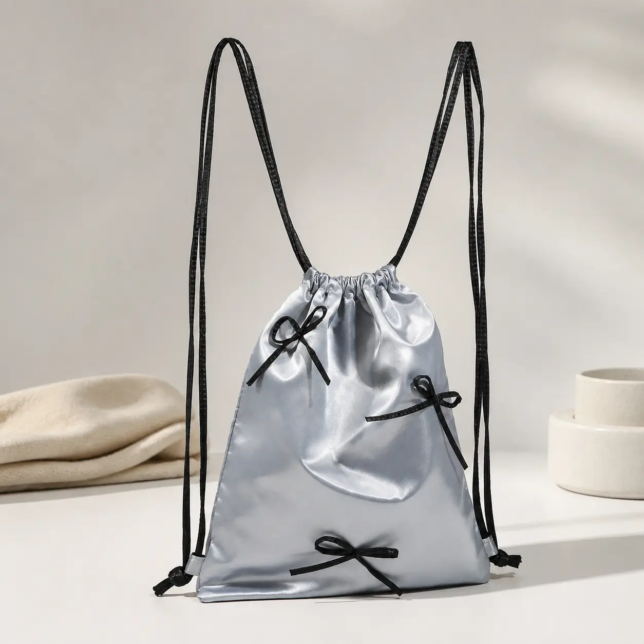 Soft Cozy Drawstring Backpack For Women Silver PU Leather Medium Daily Commuter Bag Color Block Sleek Urban Minimalist Casual School Work Essential Soft Touch Polyester Lining Roomy Slit Pocket Easy Open