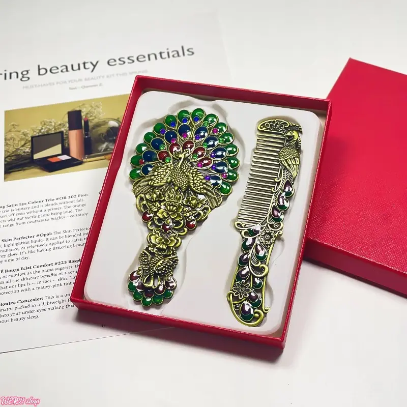 Handheld Makeup Mirror Comb Set | Viral 2026 Vintage Peacock Tail Metal Cosmetic Mirror, Creative Portable Hand Mirror Kit, Elegant Beauty Accessories for Travel Daily Makeup Birthday Holiday Gift