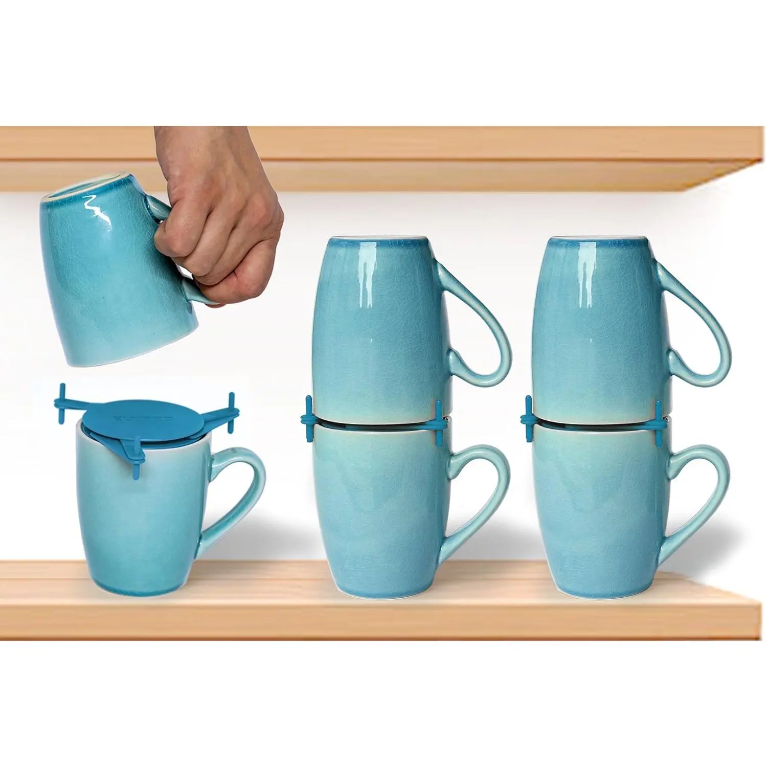 Mug Stacker 6-Pack – Coffee Bar Cup Holder & Cabinet Mug Organizer| Adjustable Stackable Mug Rack for Mugs & Glasses – Compact No Drilling Storage for Small Kitchens – Blue